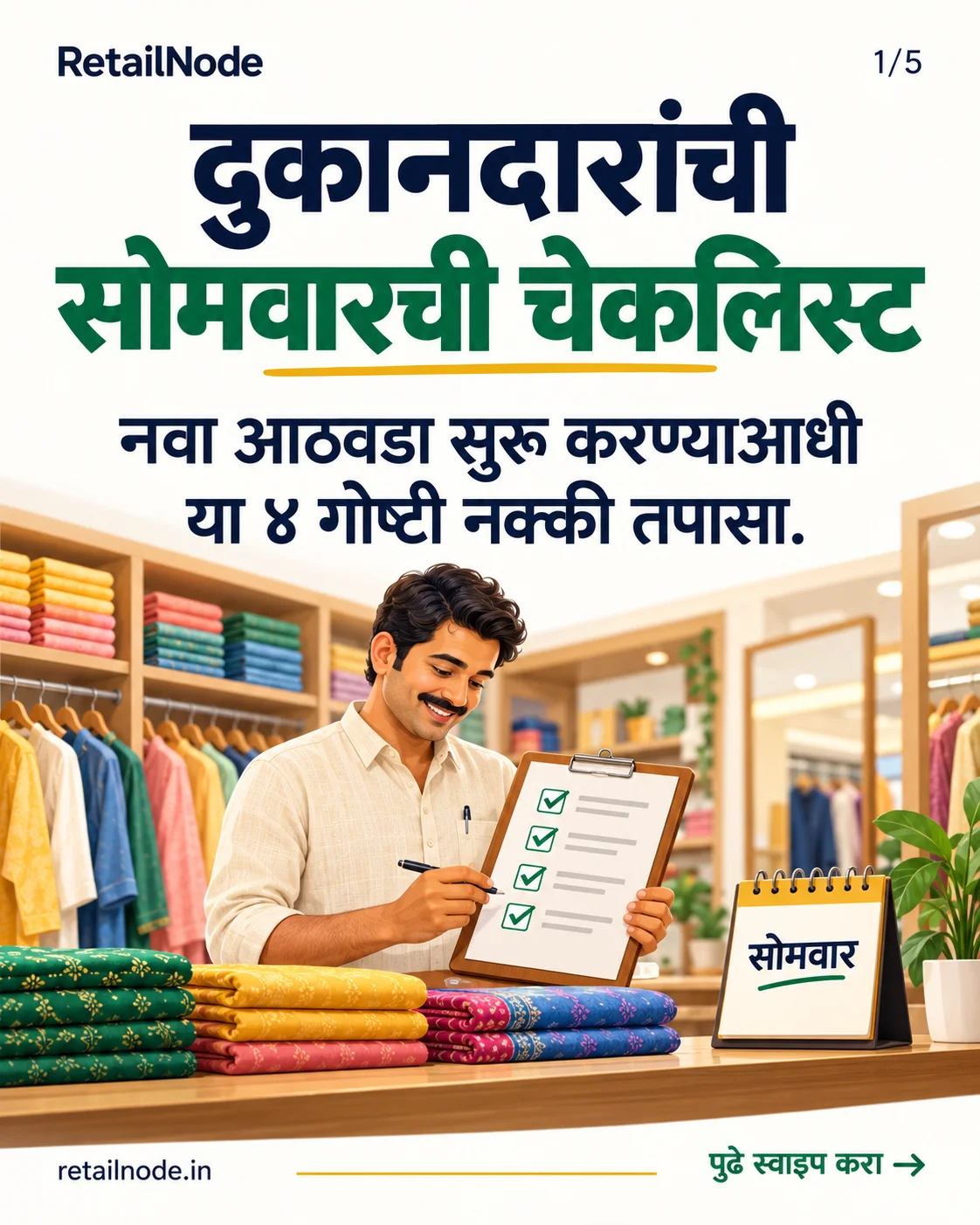 कपड़ों की दुकान का मालिक सोमवार की चार बातों वाली चेकलिस्ट देख रहा है; चित्र का पाठ मराठी में है।