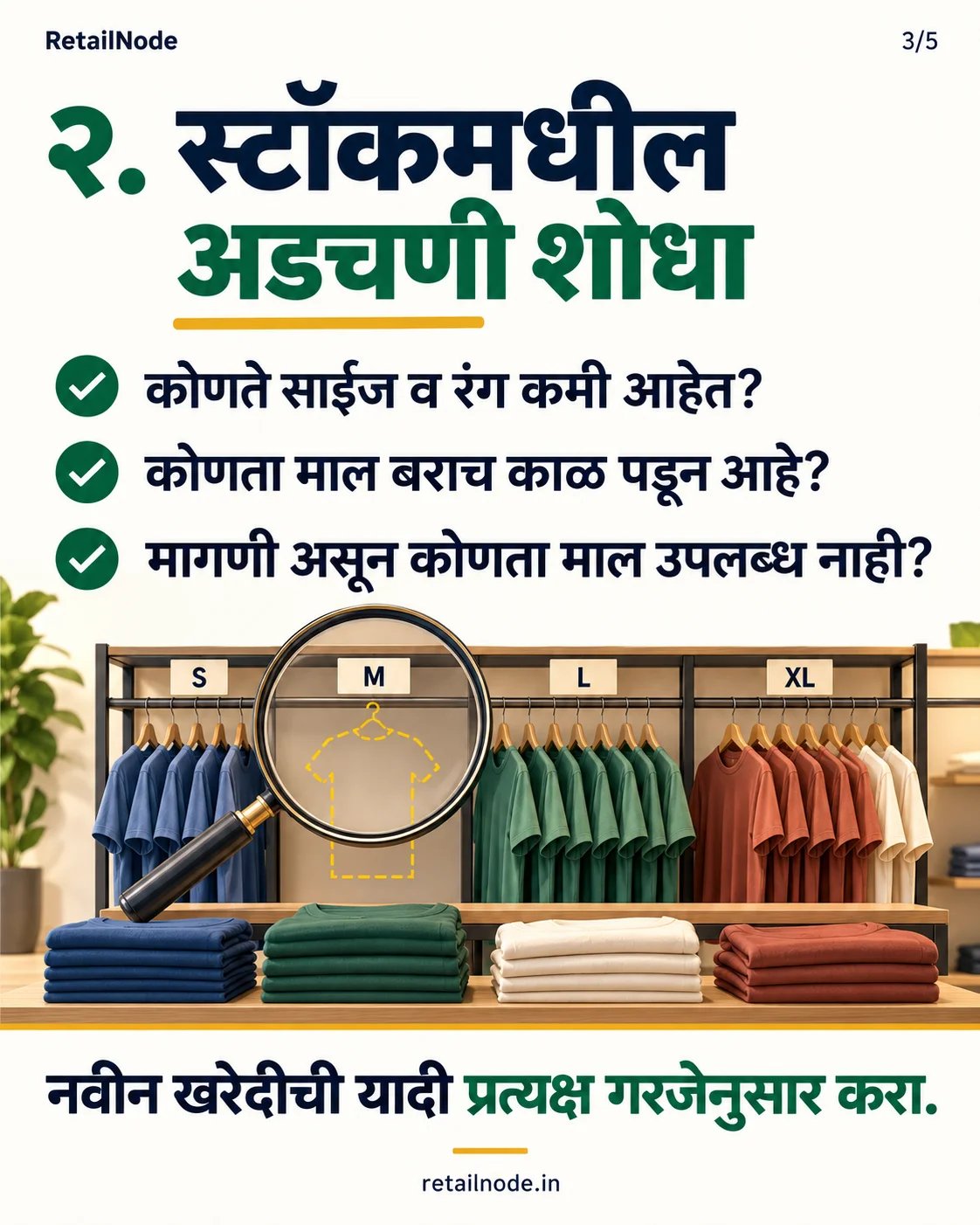 कपड़ों के रैक में उपलब्ध साइज और कम पड़ रहे माल की जांच; चित्र का पाठ मराठी में है।