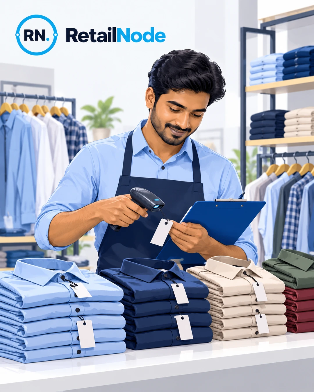 Shop assistant counting shirts by size and colour with a scanner and clipboard
